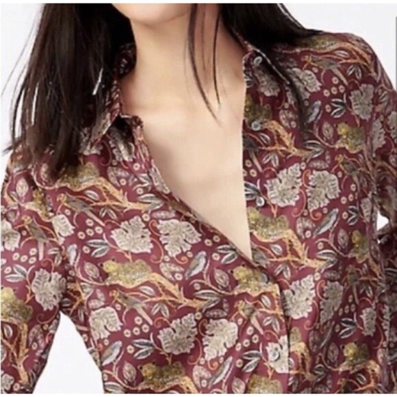 J.Crew Collection Blouse Womens 0 Jungle Cat Print Silk Twill Shirt Maroon AS266 - Picture 1 of 12